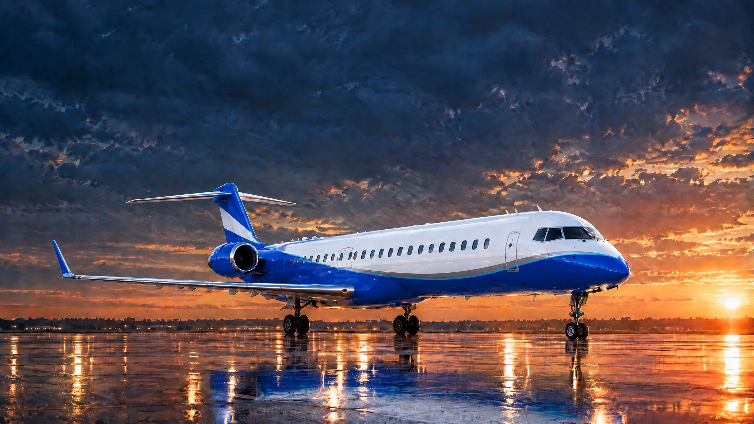 Blue and white regional passenger jet on wet tarmac at sunset